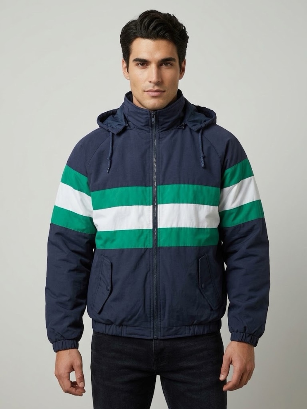 Men's Navy Hooded Jacket with Green & White Stripes